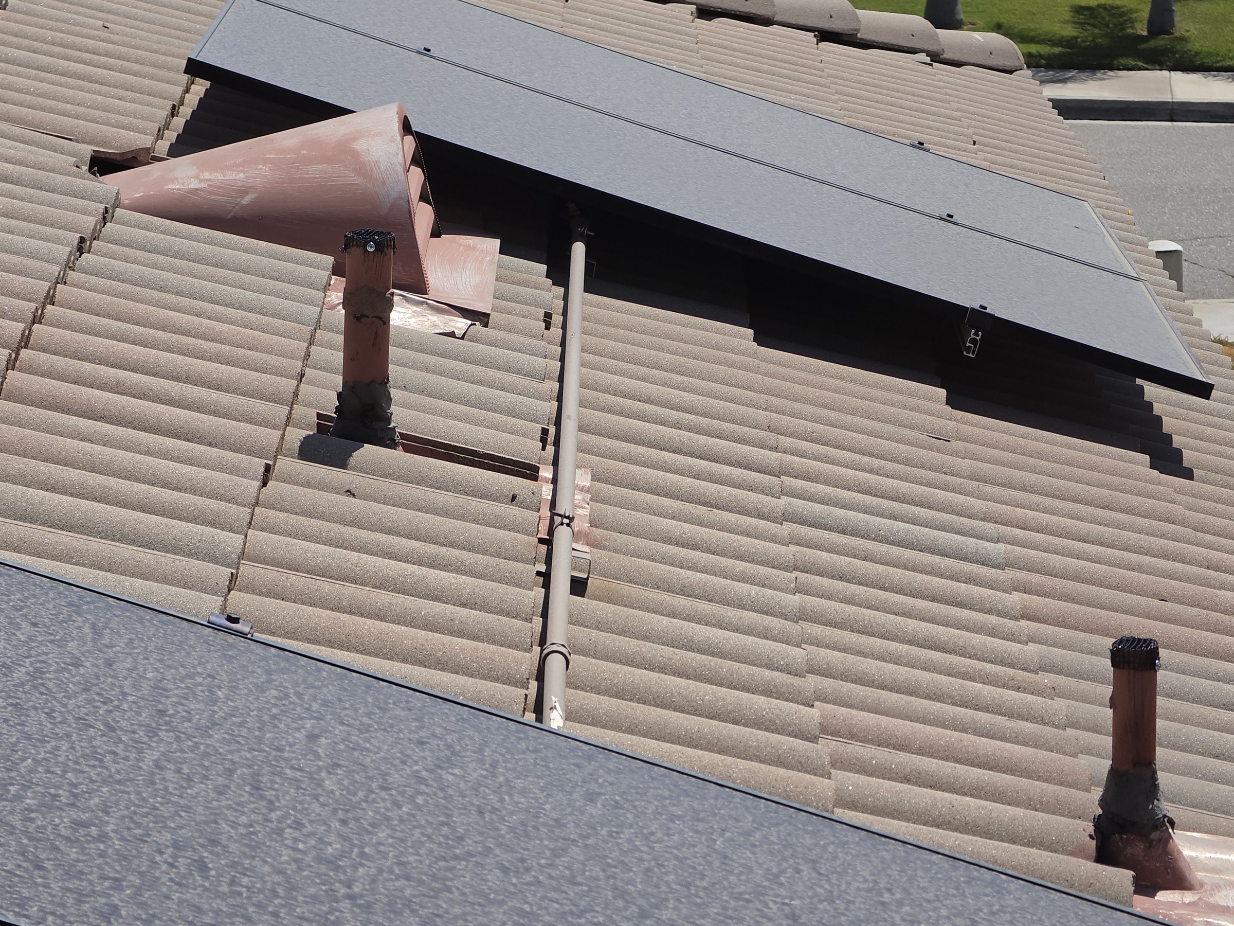 Screened roof vent pipes beside solar panels after rodent exclusion work